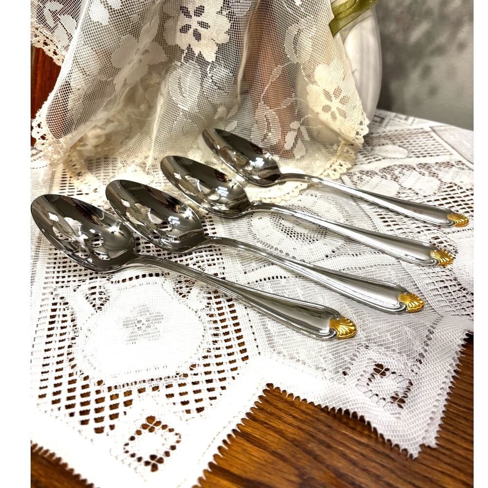 Pfaltzgraff 18/8 Stainless Set of 4 Slotted Spoons Gold Tip Brand New in Pack